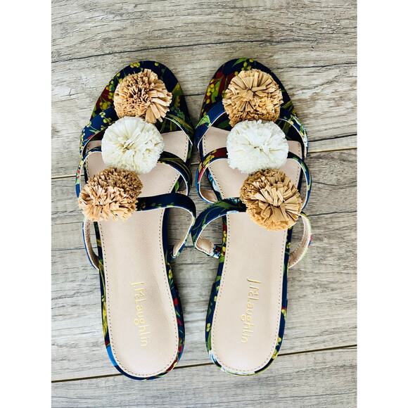 J.Mclaughlin NWOT Mandy Sandal in Midnight Floral Raffia Pom Flats Botanical 7M - Picture 3 of 7